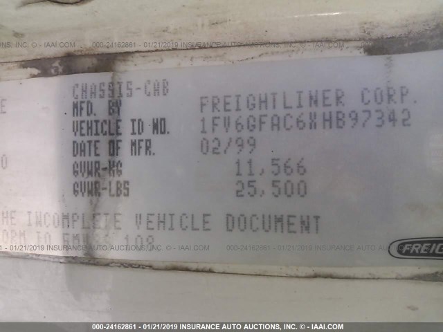 1FV6GFAC6XHB97342 - 1999 FREIGHTLINER MEDIUM CONVENTION FL60 WHITE photo 9