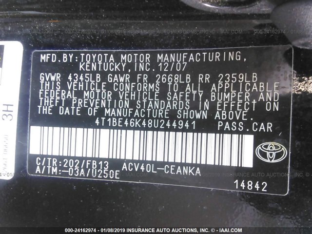 4T1BE46K48U244941 - 2008 TOYOTA CAMRY CE/LE/XLE/SE BLACK photo 9