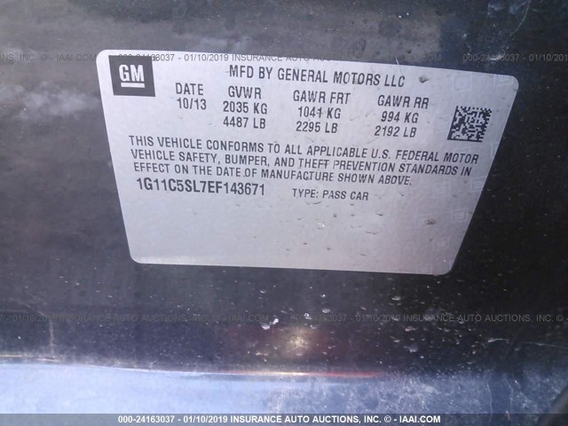 1G11C5SL7EF143671 - 2014 CHEVROLET MALIBU 1LT GRAY photo 9