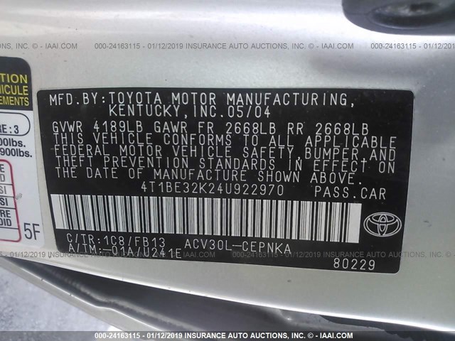 4T1BE32K24U922970 - 2004 TOYOTA CAMRY LE/XLE/SE SILVER photo 9