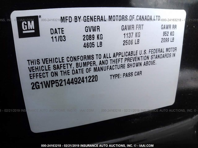 2G1WP521449241220 - 2004 CHEVROLET IMPALA SS BLACK photo 9