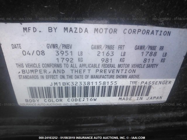 JM1BK323381158155 - 2008 MAZDA 3 S BLACK photo 9