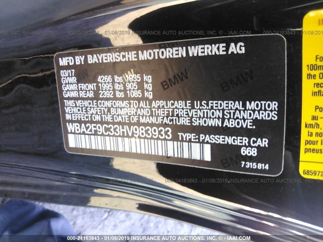 WBA2F9C33HV983933 - 2017 BMW 230I BLACK photo 9