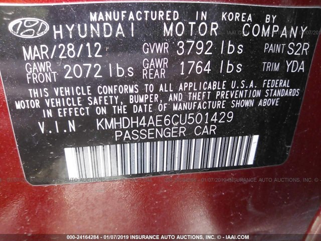 KMHDH4AE6CU501429 - 2012 HYUNDAI ELANTRA GLS/LIMITED MAROON photo 9