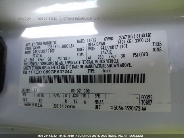 1FTEX1C89GFA37242 - 2016 FORD F150 SUPER CAB WHITE photo 9