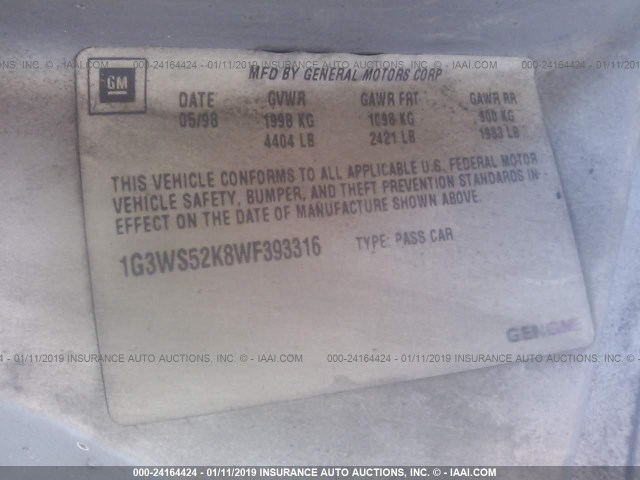 1G3WS52K8WF393316 - 1998 OLDSMOBILE INTRIGUE GL GRAY photo 9