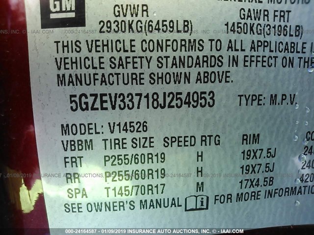 5GZEV33718J254953 - 2008 SATURN OUTLOOK XR/TOURING MAROON photo 9