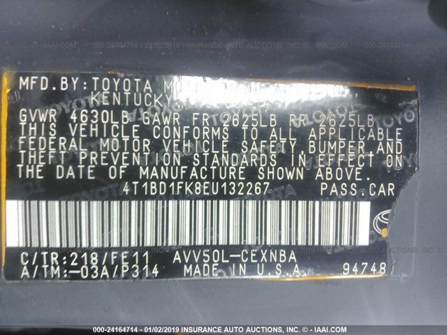 4T1BD1FK8EU132267 - 2014 TOYOTA CAMRY HYBRID/LE/XLE BLACK photo 9