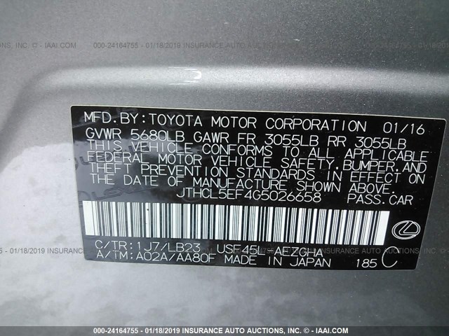 JTHCL5EF4G5026658 - 2016 LEXUS LS GRAY photo 9