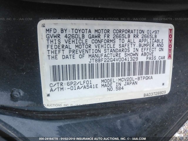 JT8BF22G4V0041329 - 1997 LEXUS ES 300 GREEN photo 9