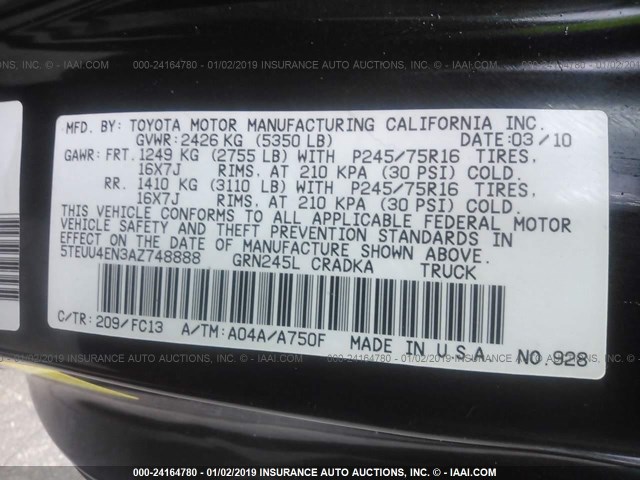 5TEUU4EN3AZ748888 - 2010 TOYOTA TACOMA ACCESS CAB შავი ფოტო 9