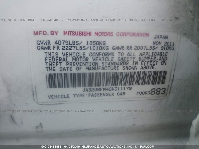 JA32U8FW4CU011179 - 2012 MITSUBISHI LANCER GT WHITE photo 9