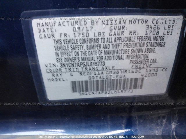 3N1CN7AP5JL815773 - 2018 NISSAN VERSA S/S PLUS/SV/SL BLUE photo 9