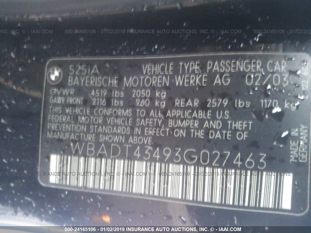 WBADT43493G027463 - 2003 BMW 525 I AUTOMATIC BLACK photo 9