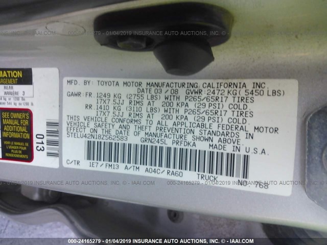 5TELU42N18Z562583 - 2008 TOYOTA TACOMA DOUBLE CAB 银色 照片 9