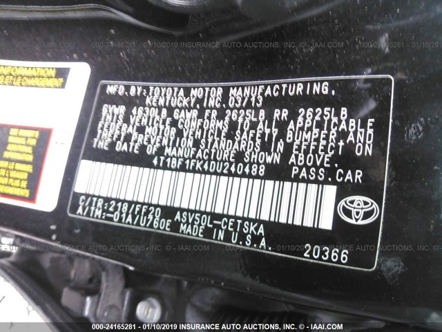4T1BF1FK4DU240488 - 2013 TOYOTA CAMRY L/SE/LE/XLE 黑色 照片 9