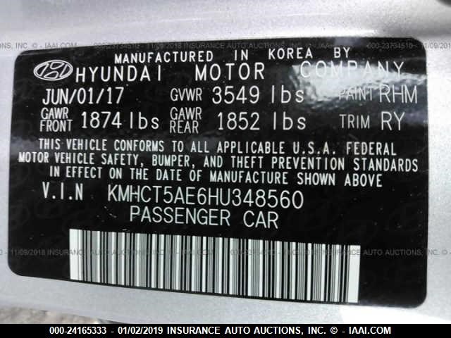 KMHCT5AE6HU348560 - 2017 HYUNDAI ACCENT SE SILVER photo 9