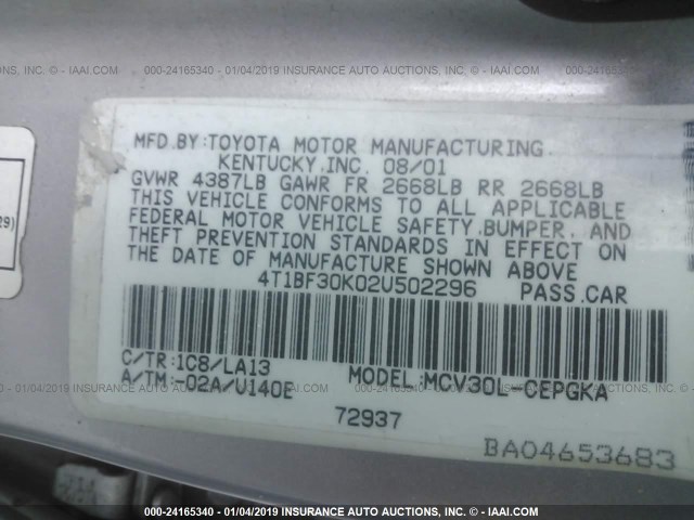 4T1BF30K02U502296 - 2002 TOYOTA CAMRY LE/XLE/SE SILVER photo 9