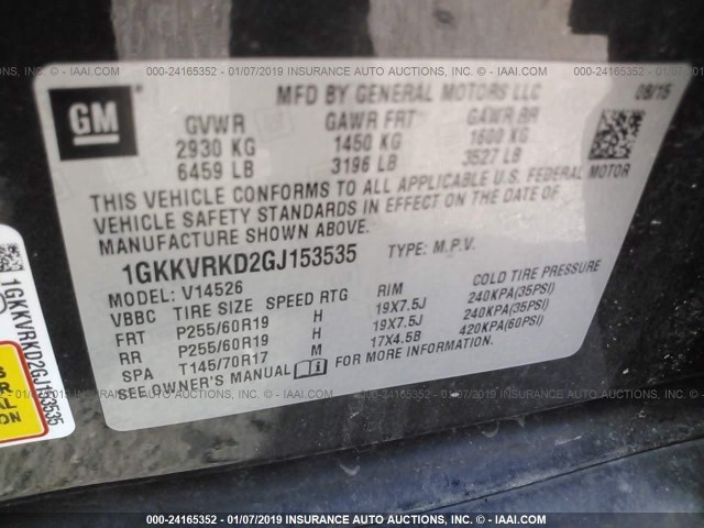 1GKKVRKD2GJ153535 - 2016 GMC ACADIA SLT-1 BLACK photo 9