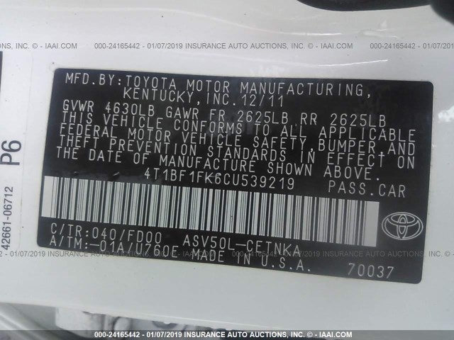 4T1BF1FK6CU539219 - 2012 TOYOTA CAMRY SE/LE/XLE 白色 照片 9