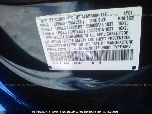 5FNRL38787B069001 - 2007 HONDA ODYSSEY EXL BLUE photo 9