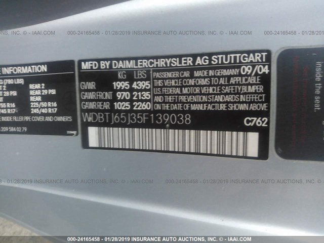 WDBTJ65J35F139038 - 2005 MERCEDES-BENZ CLK 320C SILVER photo 9