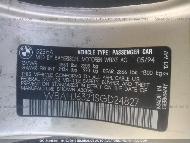 WBAHJ6321SGD24827 - 1995 BMW 525 IT AUTOMATIC GOLD photo 9