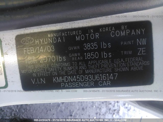 KMHDN45D93U616147 - 2003 HYUNDAI ELANTRA GLS/GT WHITE photo 9