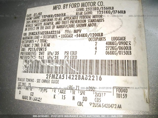 2FMZA51422BA82216 - 2002 FORD WINDSTAR LX SILVER photo 9