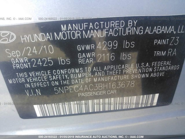 5NPEC4AC3BH163678 - 2011 HYUNDAI SONATA SE/LIMITED SILVER photo 9