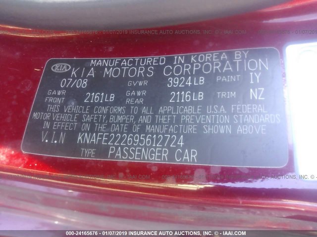 KNAFE222695612724 - 2009 KIA SPECTRA EX/LX/SX RED photo 9