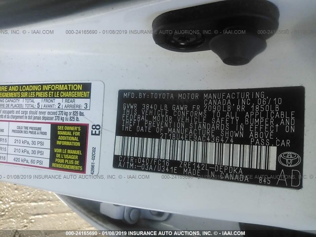 2T1BU4EE9AC436474 - 2010 TOYOTA COROLLA S/LE/XLE WHITE photo 9