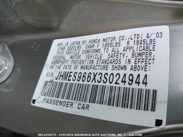 JHMES966X3S024944 - 2003 HONDA CIVIC HYBRID SILVER photo 9