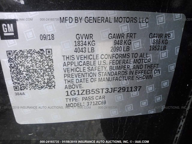 1G1ZB5ST3JF291137 - 2018 CHEVROLET MALIBU LS BLACK photo 9