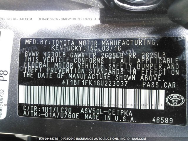 4T1BF1FK1GU223037 - 2016 TOYOTA CAMRY LE/XLE/SE/XSE GRAY photo 9