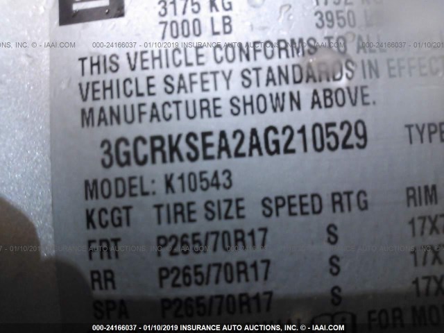 3GCRKSEA2AG210529 - 2010 CHEVROLET SILVERADO K1500 LT SILVER photo 9