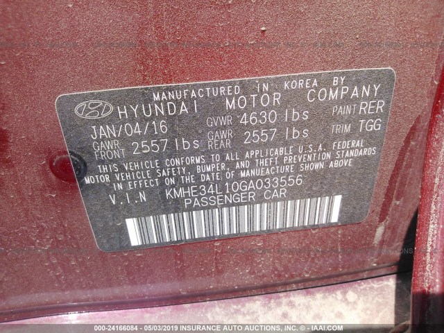 KMHE34L10GA033556 - 2016 HYUNDAI SONATA HYBRID/LIMITED RED photo 9