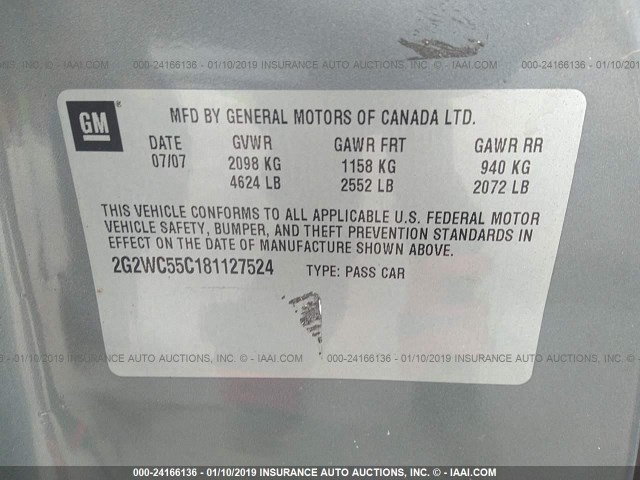 2G2WC55C181127524 - 2008 PONTIAC GRAND PRIX GXP GRAY photo 9