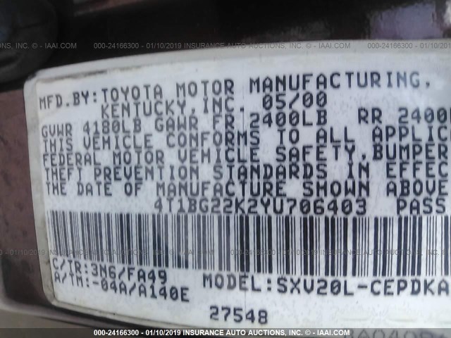 4T1BG22K2YU706403 - 2000 TOYOTA CAMRY CE/LE/XLE MAROON photo 9