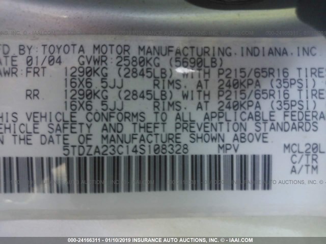 5TDZA23C14S108328 - 2004 TOYOTA SIENNA CE/LE SILVER photo 9