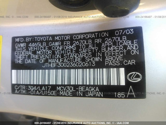 JTHBF30G236020613 - 2003 LEXUS ES 300 TAN photo 9