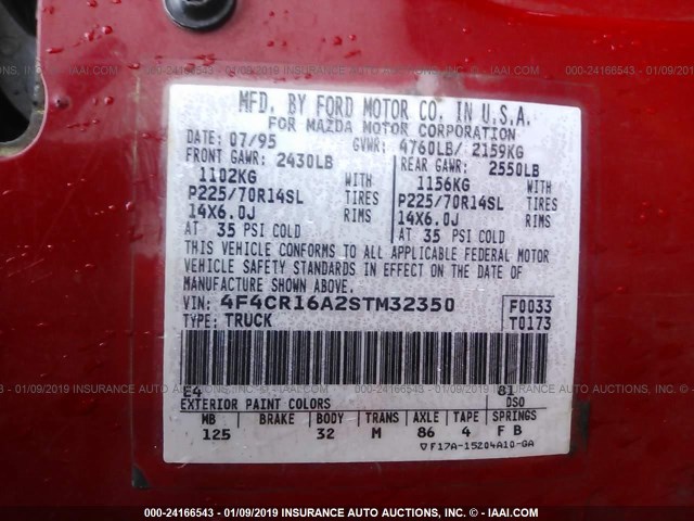 4F4CR16A2STM32350 - 1995 MAZDA B2300 CAB PLUS RED photo 9