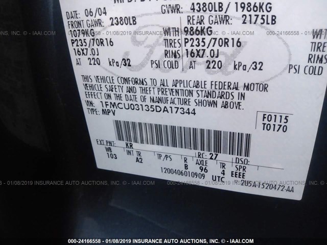 1FMCU03135DA17344 - 2005 FORD ESCAPE XLT ლურჯი ფოტო 9