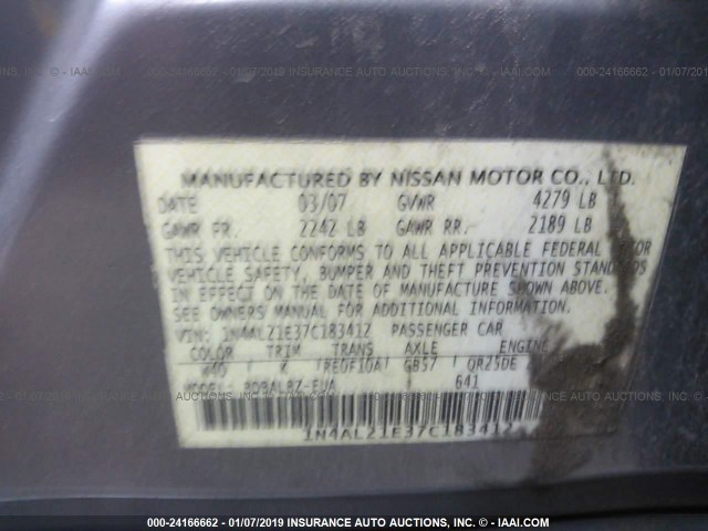 1N4AL21E37C183412 - 2007 NISSAN ALTIMA 2.5/2.5S GRAY photo 9