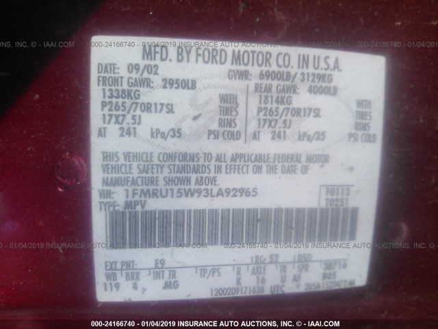 1FMRU15W93LA92965 - 2003 FORD EXPEDITION XLT RED photo 9