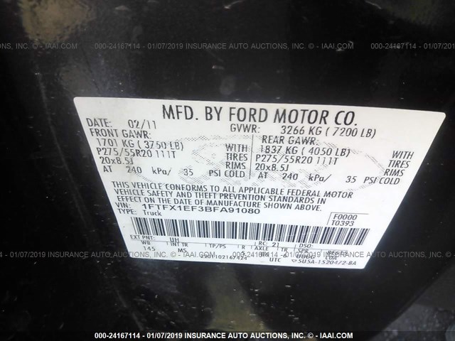 1FTFX1EF3BFA91080 - 2011 FORD F150 SUPER CAB BLACK photo 8