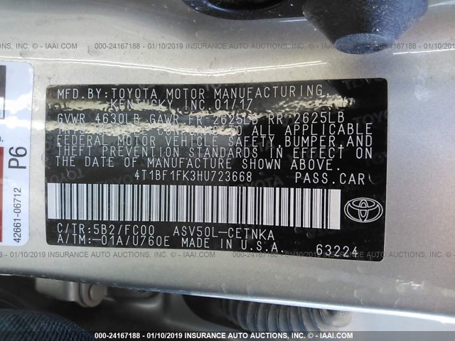 4T1BF1FK3HU723668 - 2017 TOYOTA CAMRY LE/XLE/SE/XSE TAN photo 9