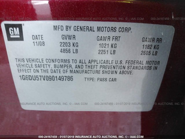 1G6DU57V090149786 - 2009 CADILLAC CTS HI FEATURE V6 RED photo 9