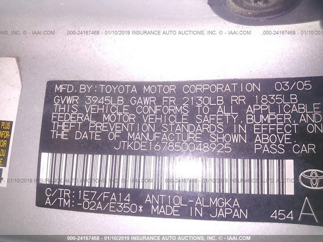 JTKDE167850048925 - 2005 TOYOTA SCION TC 银色 照片 9