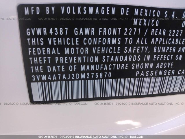 3VW4A7AJ2DM275870 - 2013 VOLKSWAGEN JETTA GLI WHITE photo 9